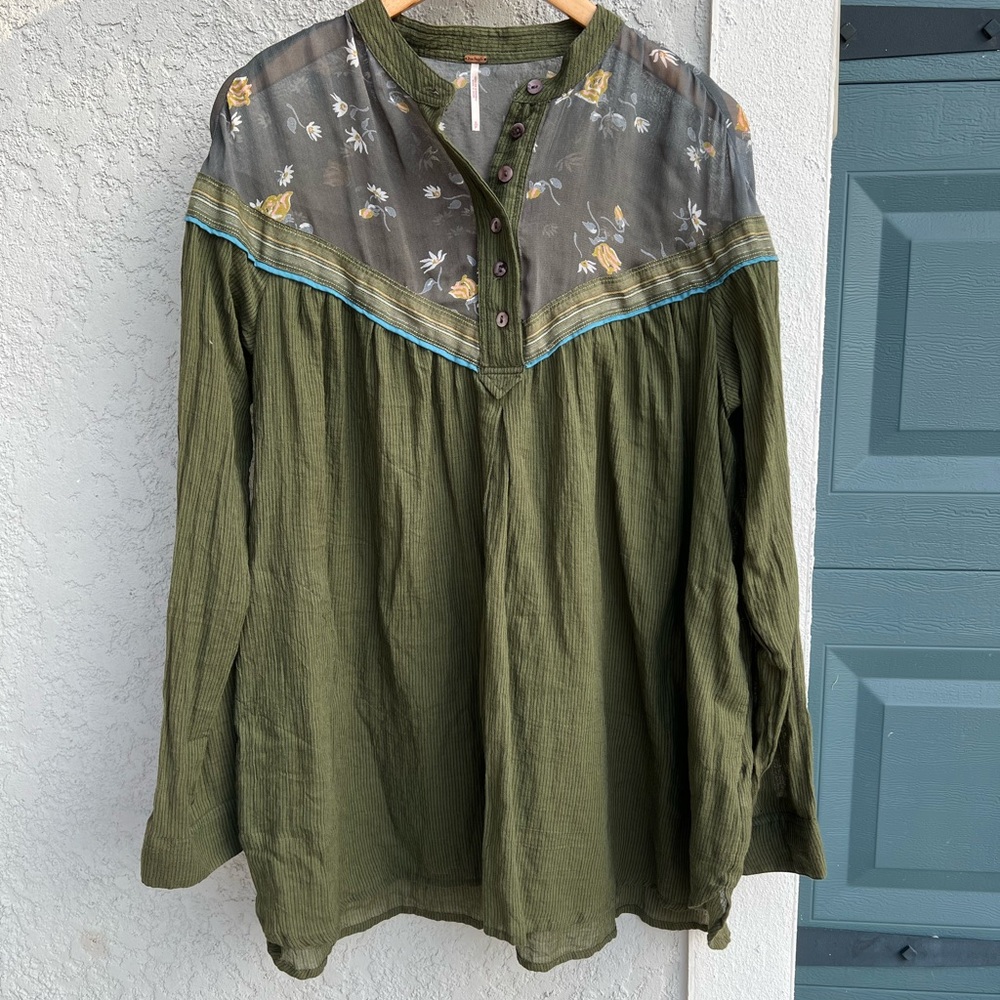 Free People Olive Green Floral Blouse